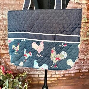 Quilted Navy Shoulder Tote with Floral Rooster Print